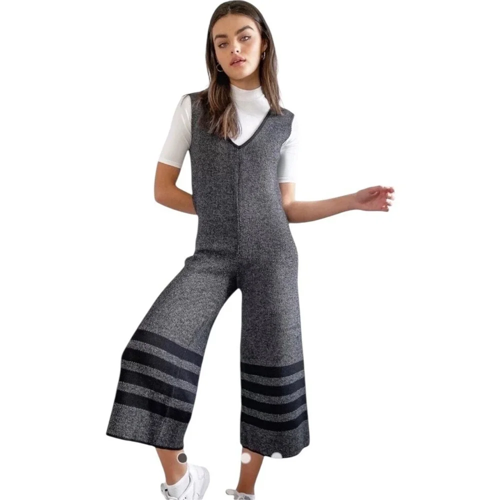 Native Youth Retrograde Wide Leg Culotte Jumpsuit Grey/Black Size S Boho Artsy